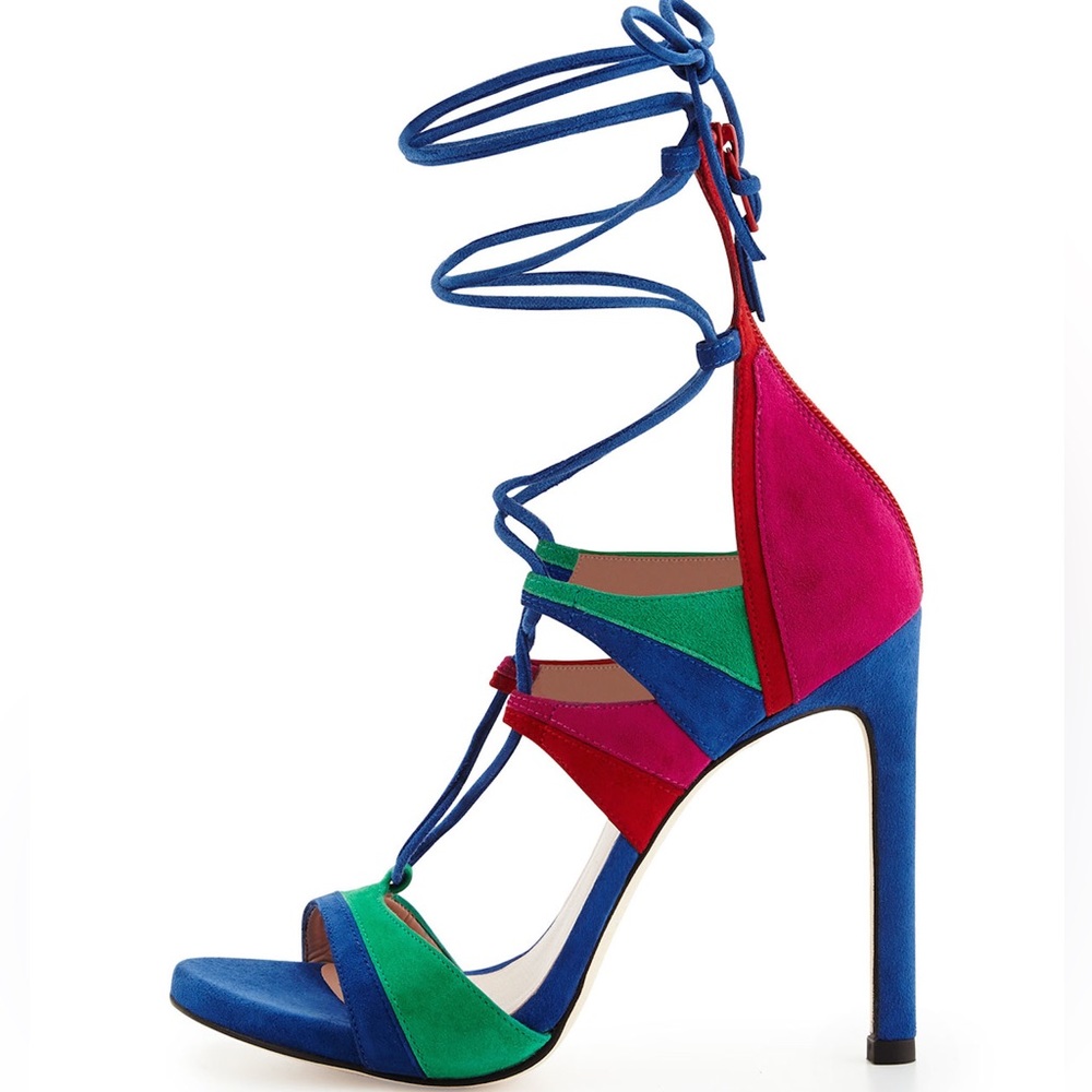 NWOB Stuart Weitzman Legwrap Song Suede Colorblock Lace Up Strappy Heels - Picture 5 of 13